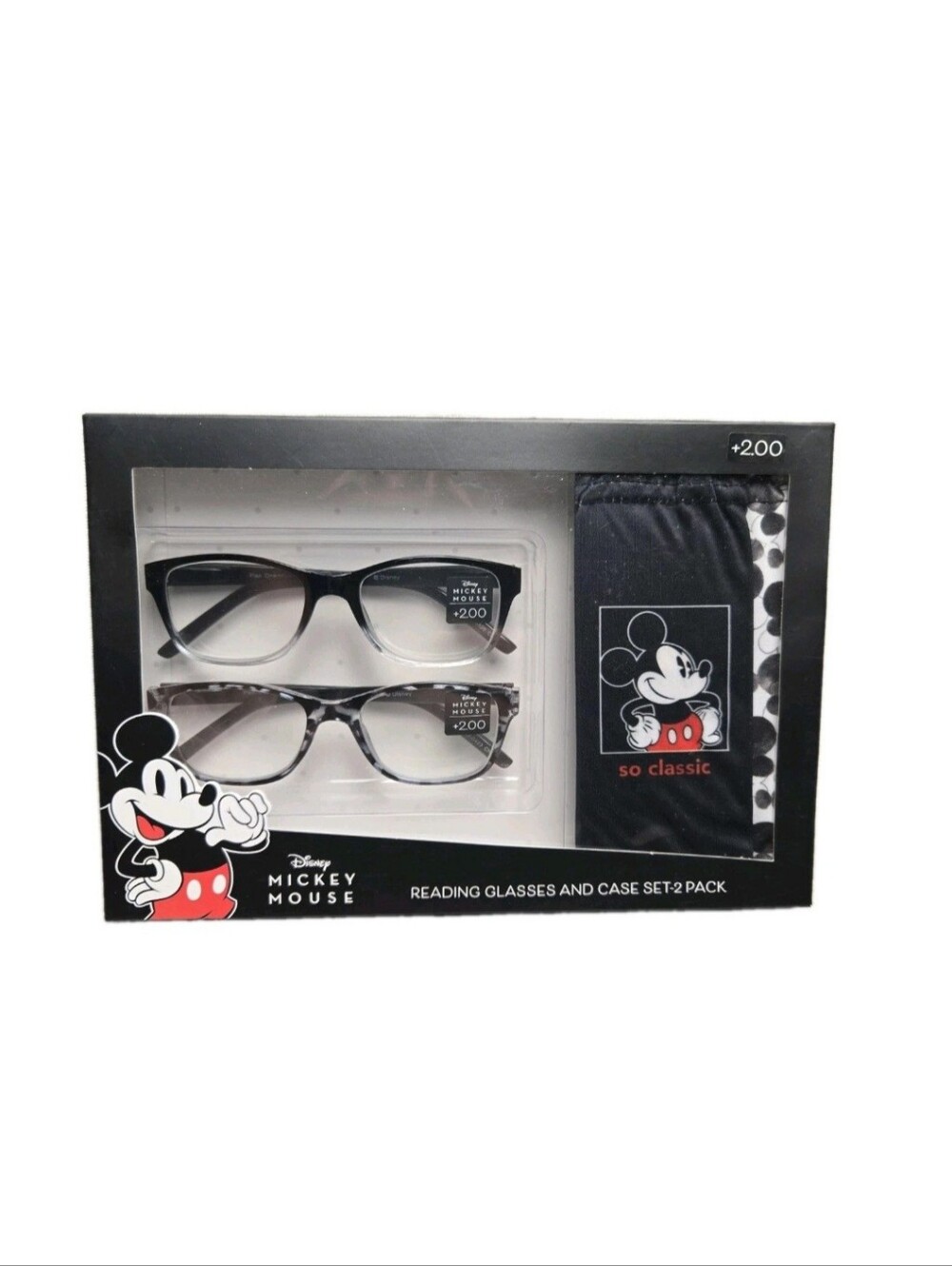 Disney Mickey Mouse Readers +2.00 Reading Glasses Microfiber Pouch 2 Pair